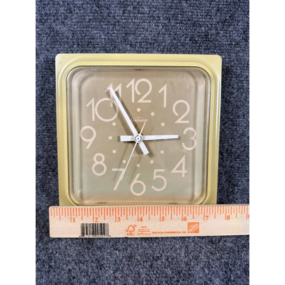 Vintage Sunbeam Quartz Wall Clock Tan Square Retro Mid Century 881-1031 USA Made